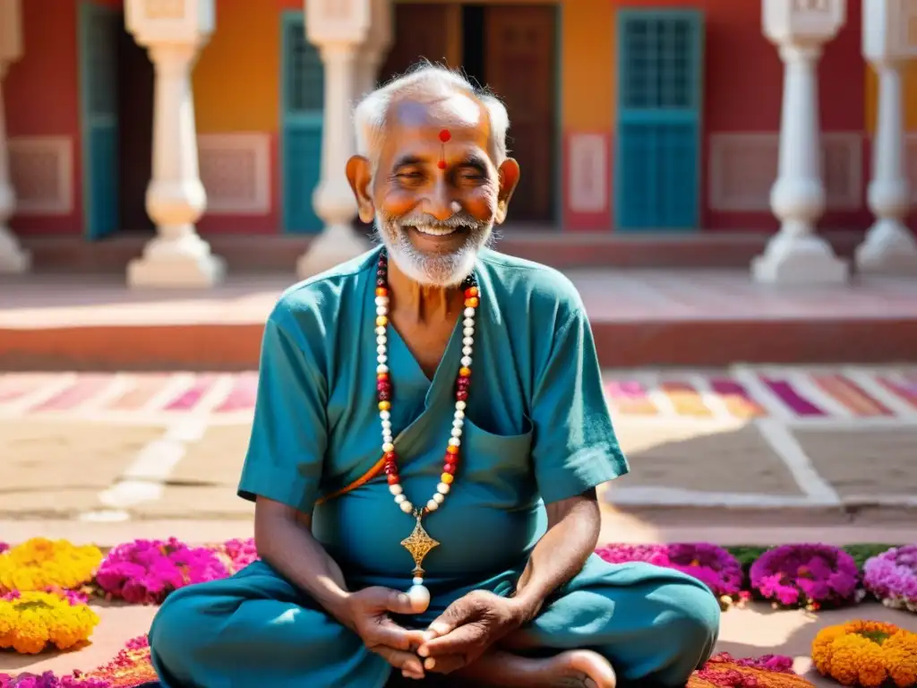Un anciano hindú reflexiona en un patio soleado, rodeado de mandalas y pétalos de flores