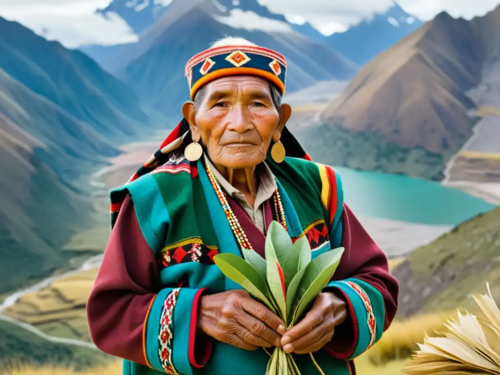 Un anciano Quechua contempla los picos andinos, transmitiendo sabiduría y conexión a la tierra