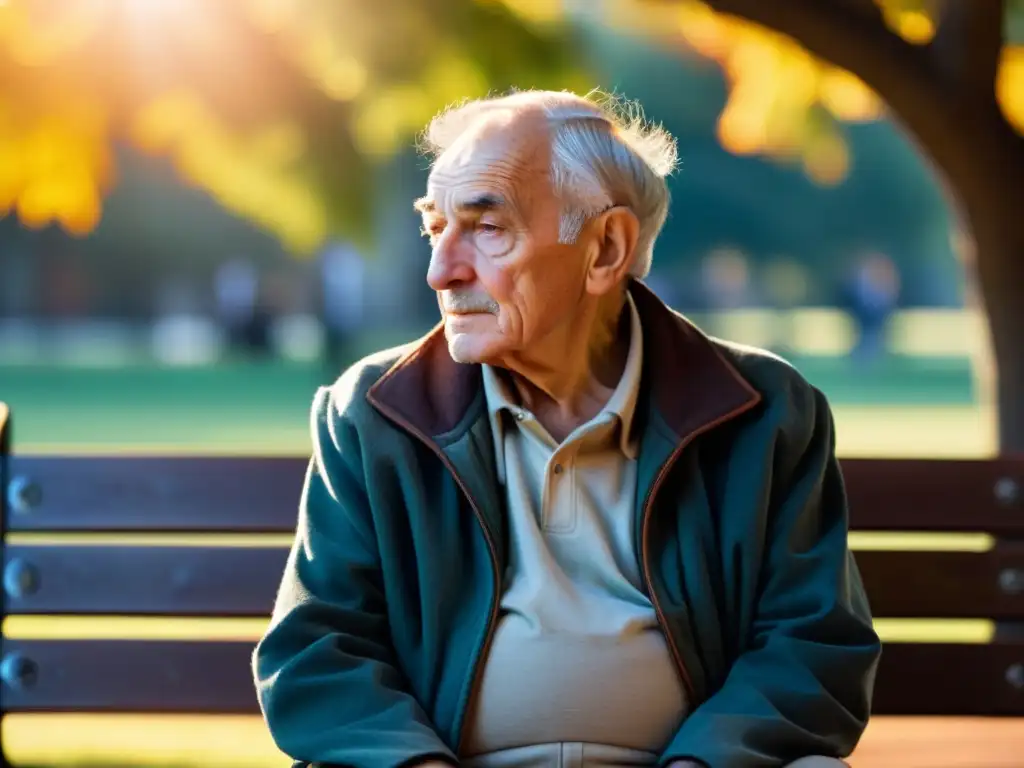 Un anciano reflexivo en un banco del parque, con el sol iluminando su rostro arrugado