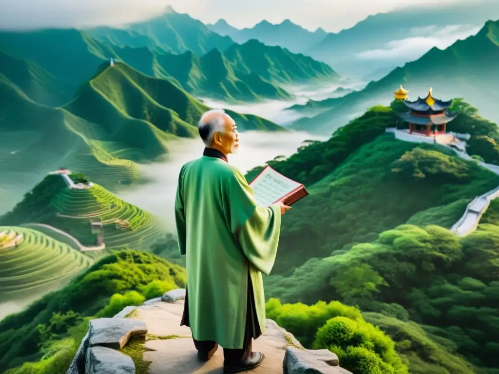 Un anciano en ropa tradicional china en una montaña neblinosa, sosteniendo el Tao Te Ching