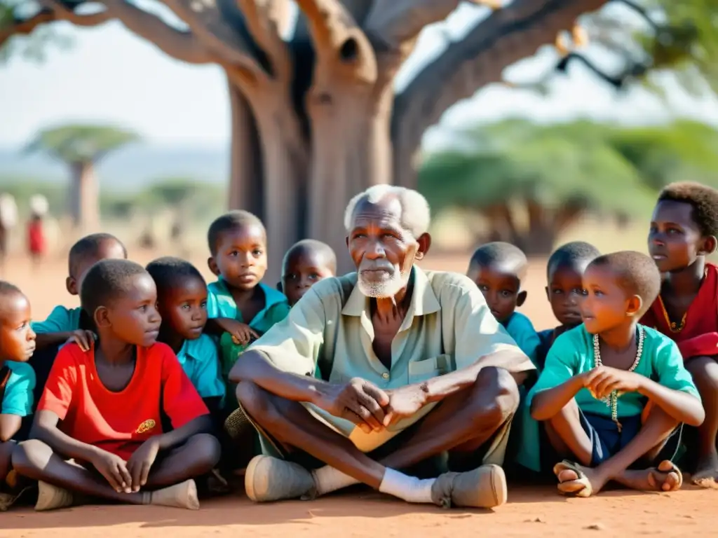 Un anciano Swahili comparte sabiduría con niños bajo un baobab