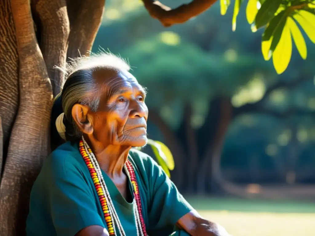 Un anciano guaraní sabio bajo un árbol ancestral, representa la retórica y filosofía de los guaraníes