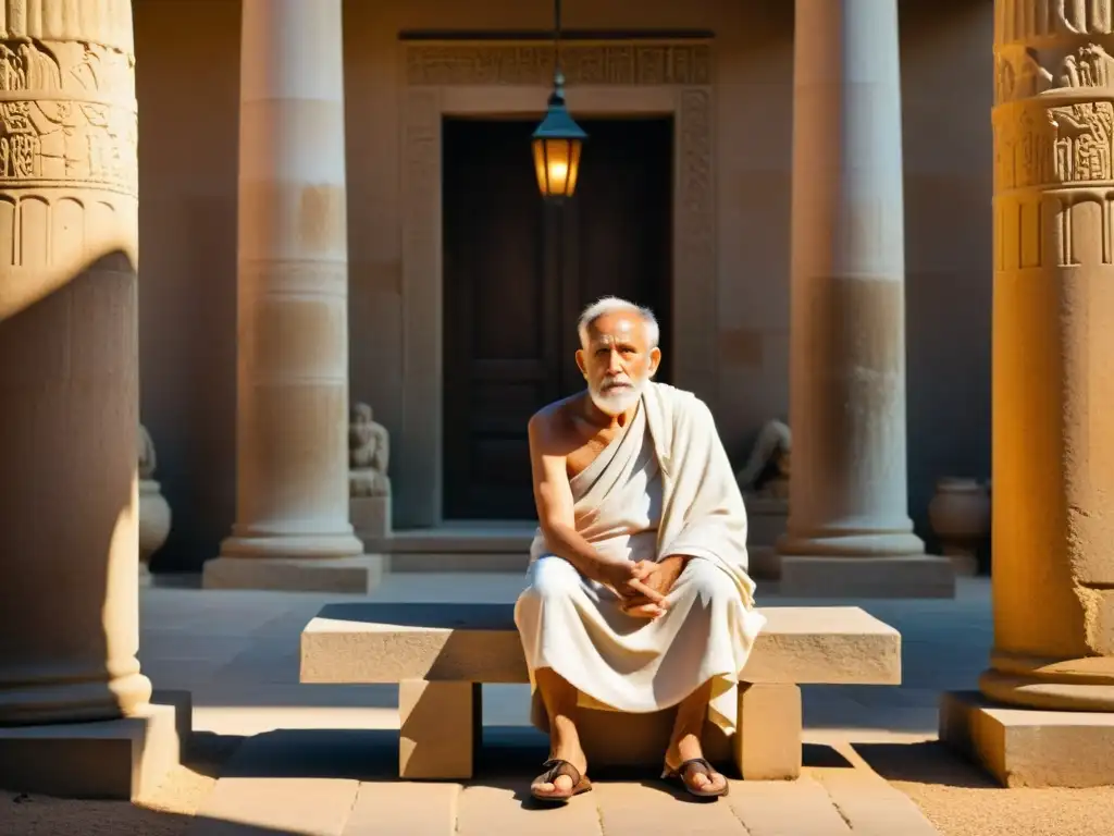 Un anciano sabio en toga medita en un patio soleado, rodeado de antiguas columnas