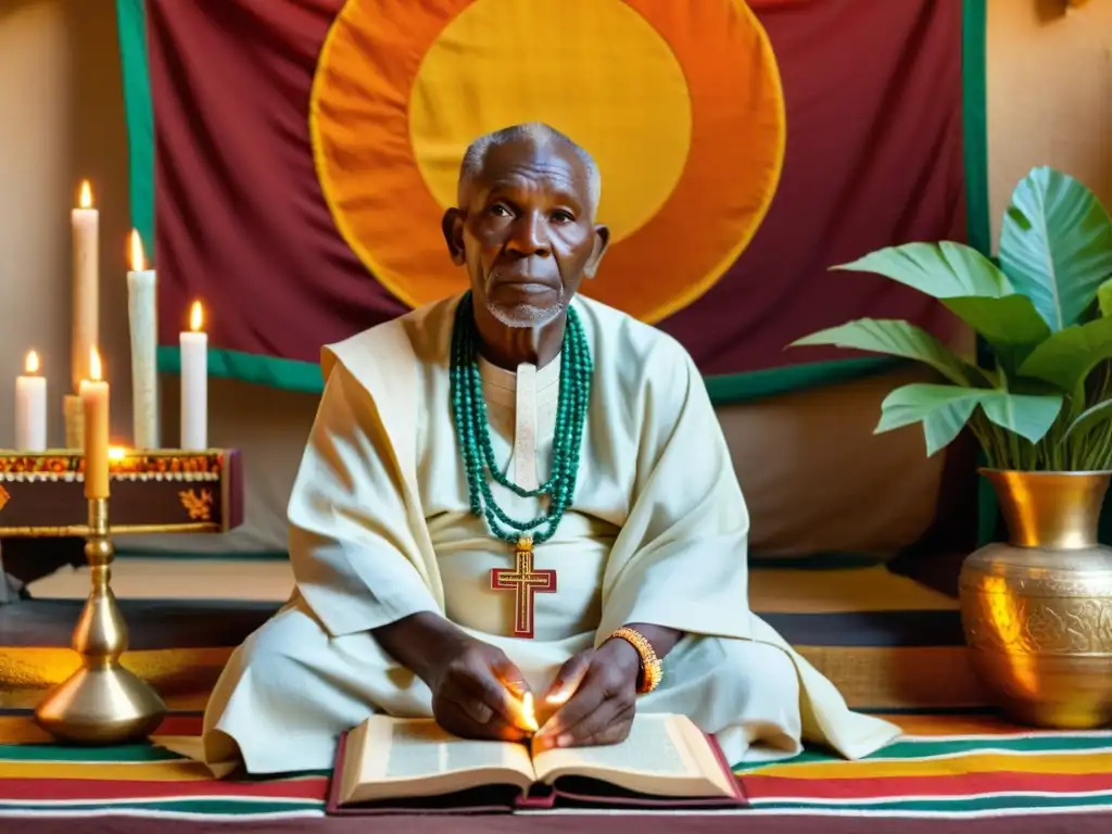 Un anciano sacerdote Yoruba frente a altar sagrado, con adornos coloridos, velas y una colección de textos antiguos