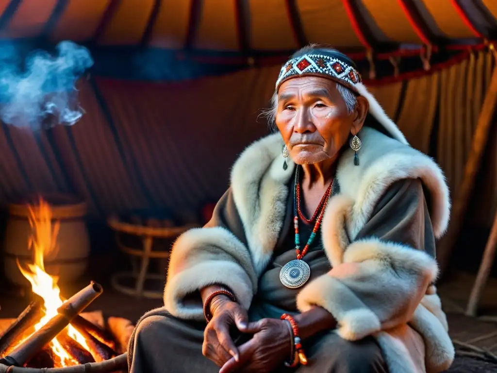 Un anciano chamán siberiano realiza un ritual en su yurta iluminada por el fuego, invocando la sabiduría ancestral siberiana