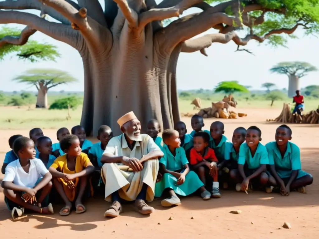 Un anciano swahili explica el significado ético de proverbios swahili bajo un baobab, rodeado de jóvenes