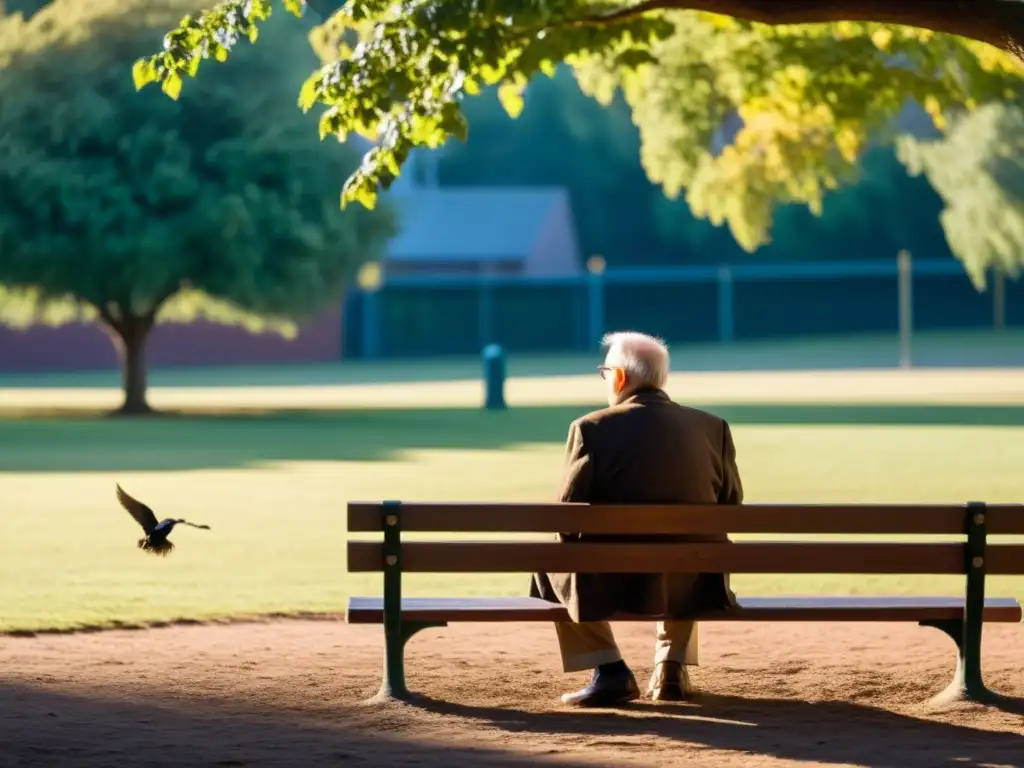 Un anciano reflexiona en soledad en un banco del parque al atardecer