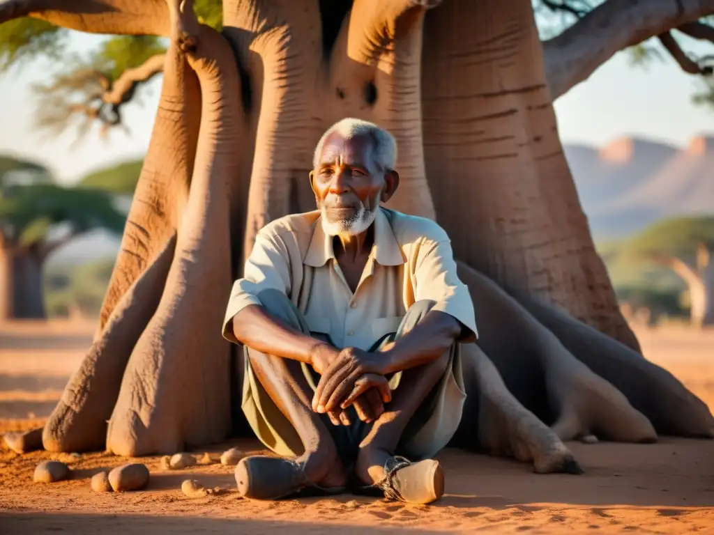 Un anciano swahili reflexiona bajo un baobab, sosteniendo tallado con proverbios swahili