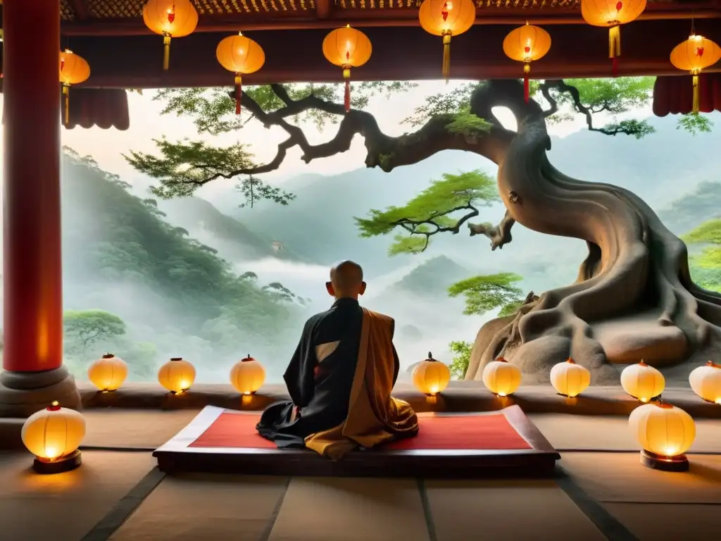 Un anciano monje taoísta medita en un templo montañoso, entre árboles antiguos y linternas de papel