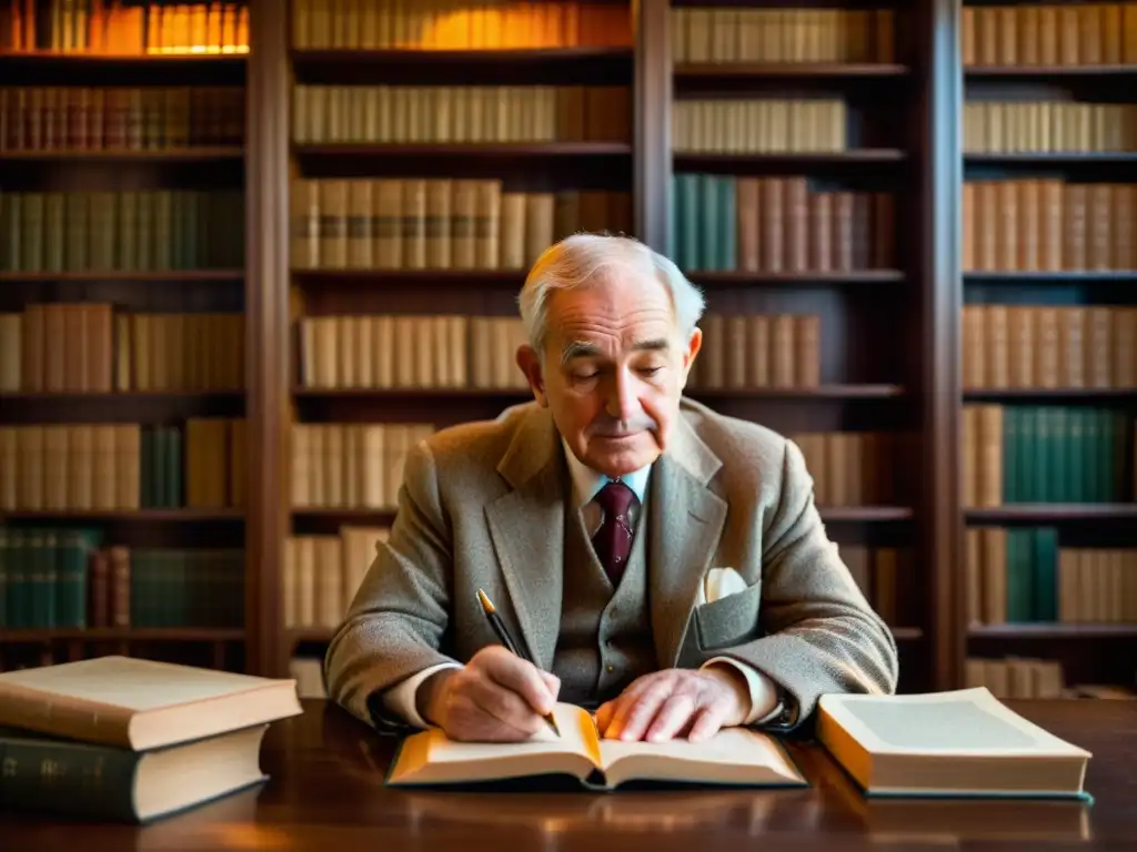 Un anciano en un traje de tweed medita en su estudio rodeado de libros de cuero, redefiniendo ética moderna libros con su sabiduría
