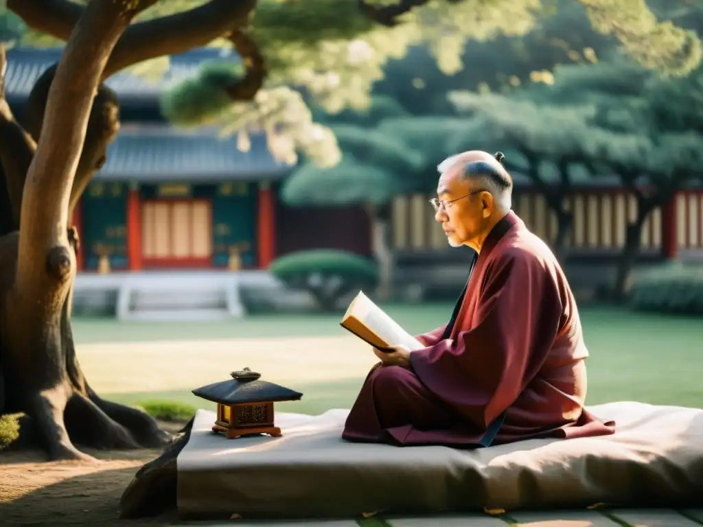 Un anciano medita en un jardín tranquilo con libros antiguos y pergaminos, rodeado de sabiduría confuciana