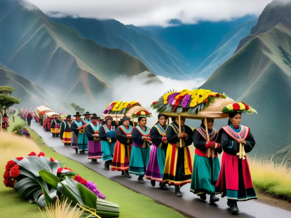 Una procesión andina con coloridos atuendos y cajas adornadas con flores, en un entorno montañoso y verde, evocando la solemnidad y la significancia cultural de un ritual fúnebre