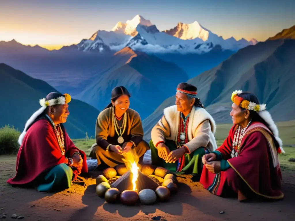 Andinos realizando ritual al amanecer en majestuosos Andes, con vestimenta tradicional y ofrendas, bajo un aura mística ancestral
