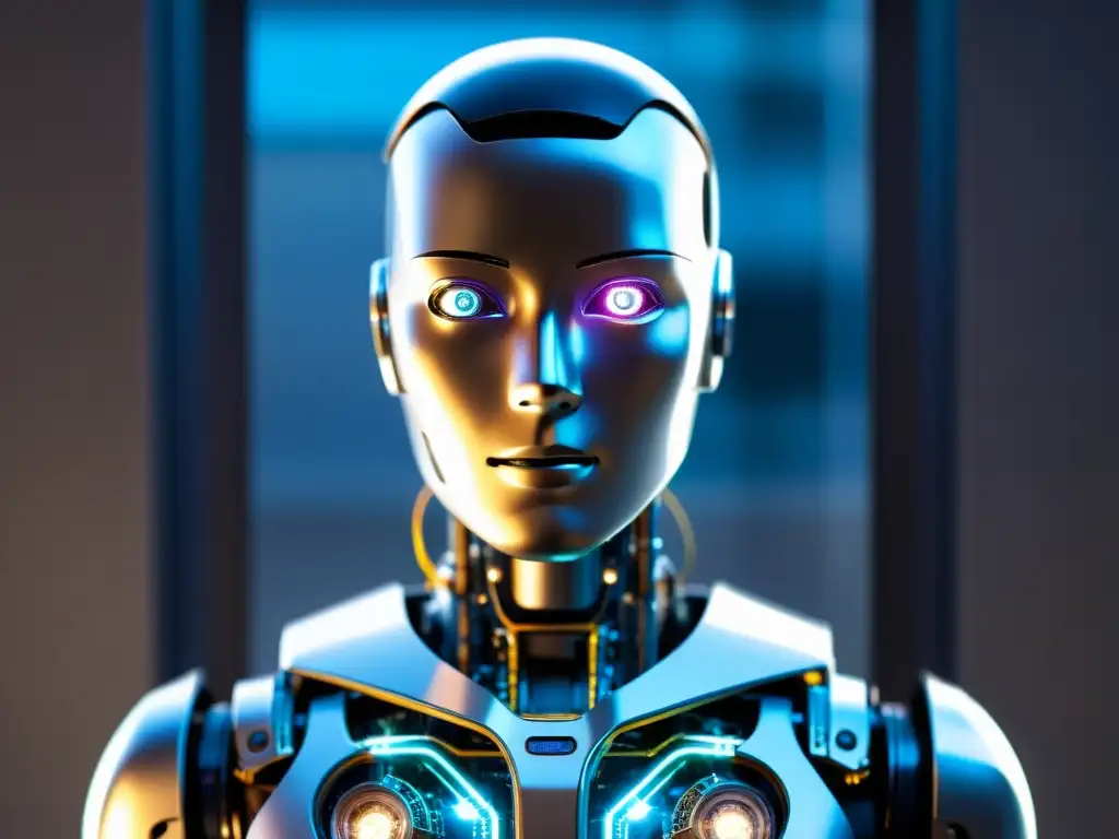 Un androide con circuitos visibles en el pecho y mirada consciente, en un laboratorio futurista