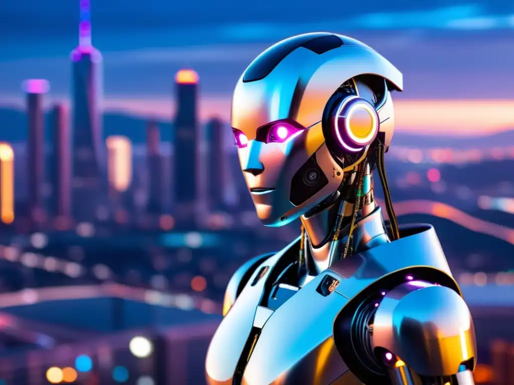 Un androide contemplativo, rodeado de circuitos y luces neón, en una ciudad futurista