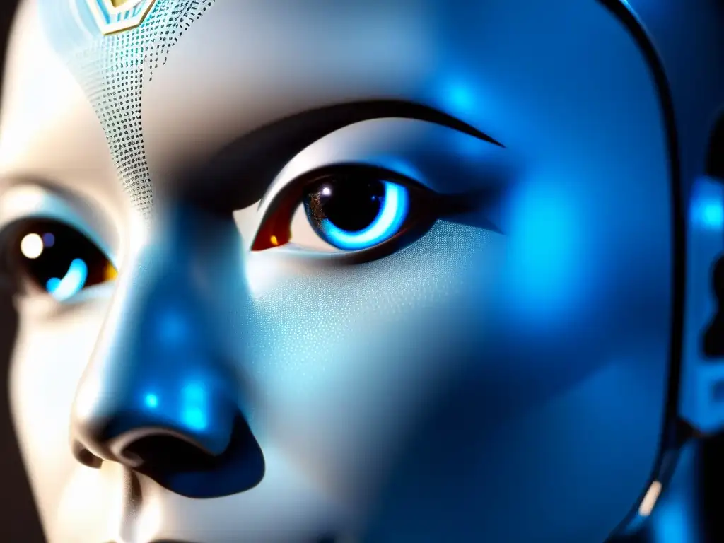 El androide contempla el futuro, sus ojos brillan con luz azul