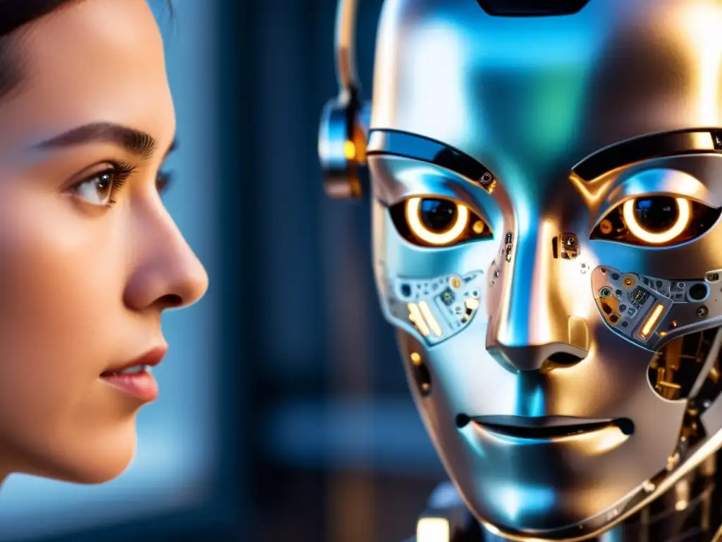 Un androide reflexiona en medio de una discusión sobre la ética de la inteligencia artificial, con detalles metálicos y ojos expresivos