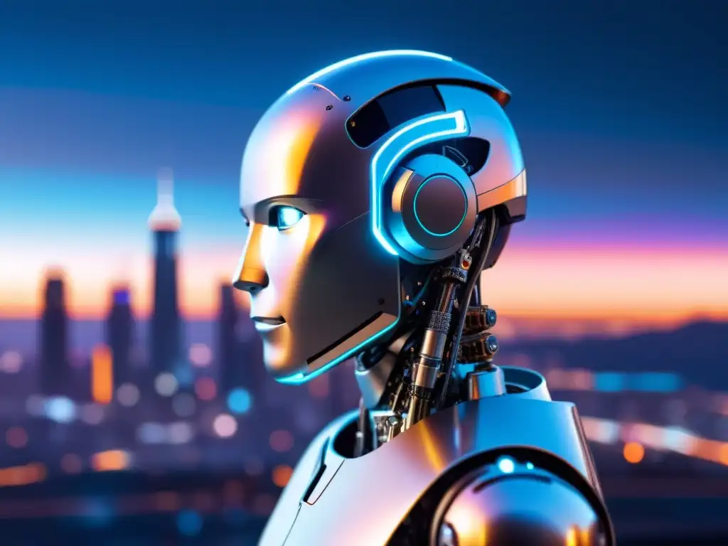 Un androide reflexivo se encuentra frente a un paisaje urbano futurista, representando la ética de la inteligencia artificial