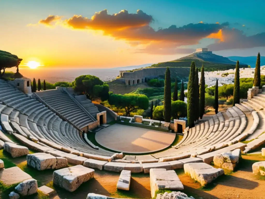 Anfiteatro griego antiguo al atardecer, evocando la relación entre filosofía y música