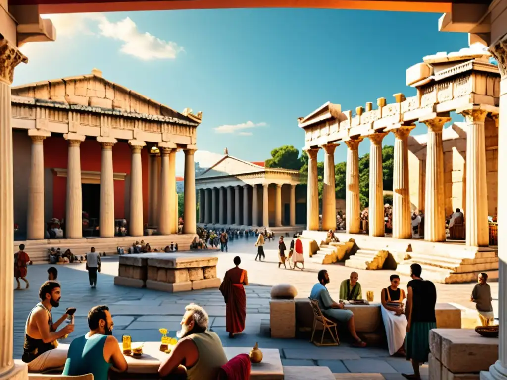 Animada ágora de la Antigua Atenas con juegos filosóficos, ciudadanos y comerciantes bajo cálida luz solar