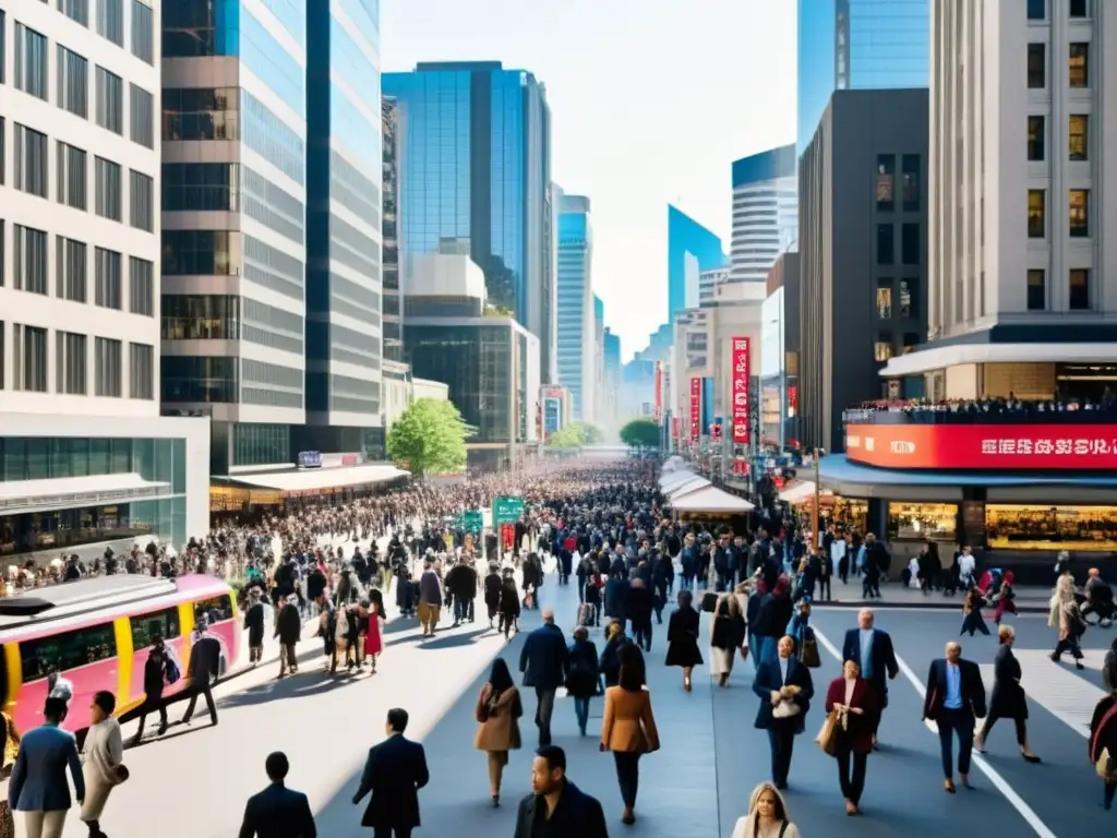 Una animada calle de la ciudad muestra la interacción de las personas con su entorno urbano, reflejando la vida cotidiana