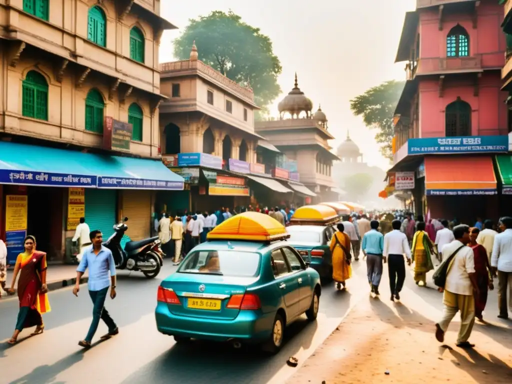Una animada calle de Nueva Delhi, India, llena de colores vibrantes, gente diversa y arquitectura tradicional