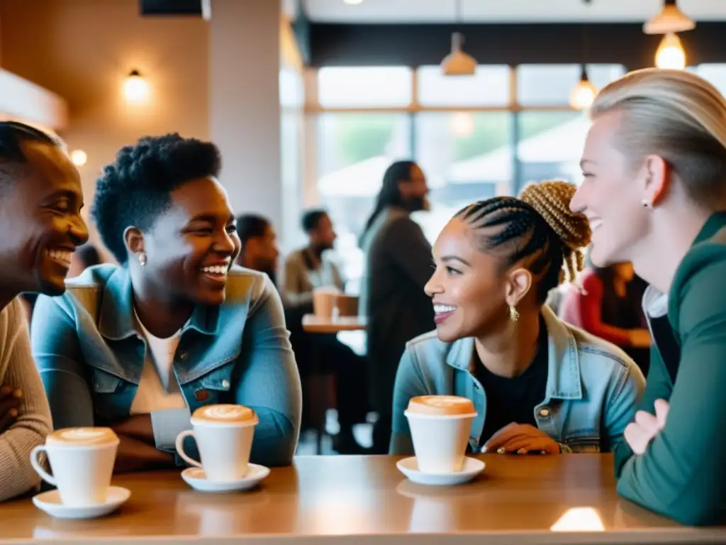 Una animada conversación en una cafetería, muestra la diversidad de perspectivas queer en la vida cotidiana