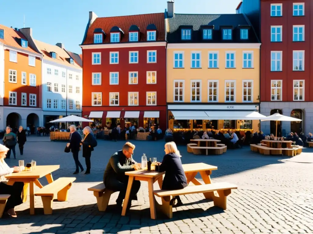 Una animada plaza en Escandinavia, con arquitectura moderna y tradicional