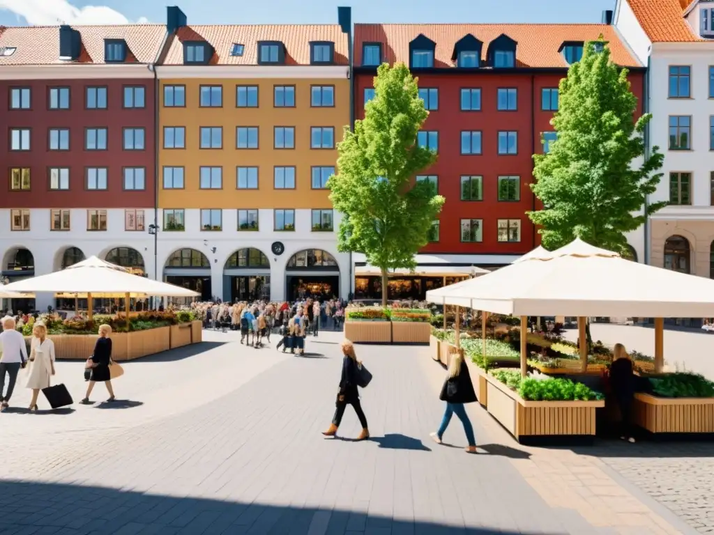 Una animada plaza escandinava con diversidad y armonía, reflejando el modelo socialista escandinavo y filosofía