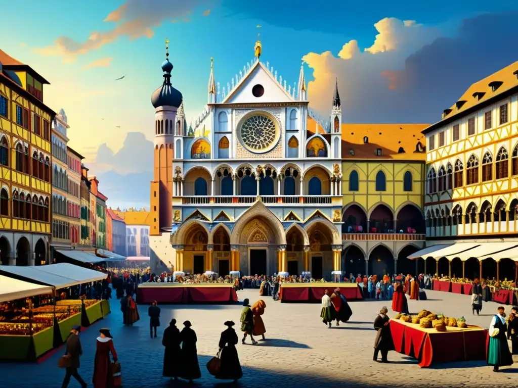 Una animada plaza renacentista fuera de Italia, con arquitectura gótica y renacentista, frescos coloridos y gente de todas las clases sociales