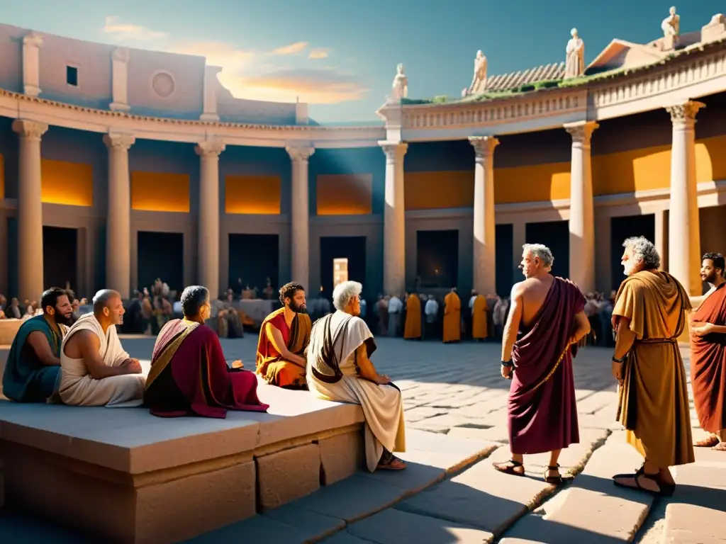 Una animada plaza romana con filósofos estoicos en profundas conversaciones