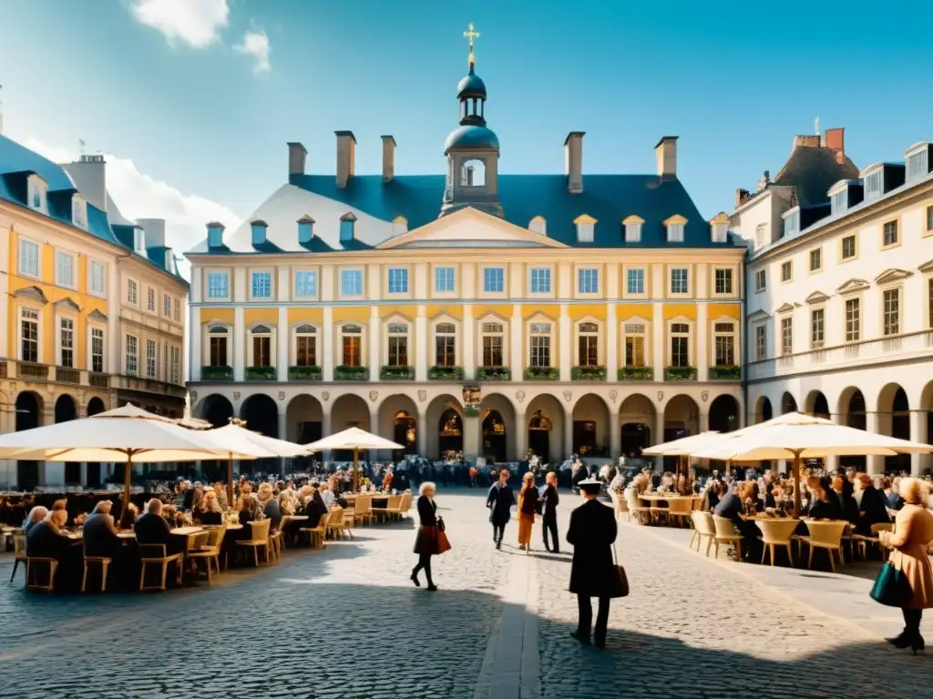 Una animada plaza del siglo XVIII en Europa, con elegantes personas debatiendo filosofía