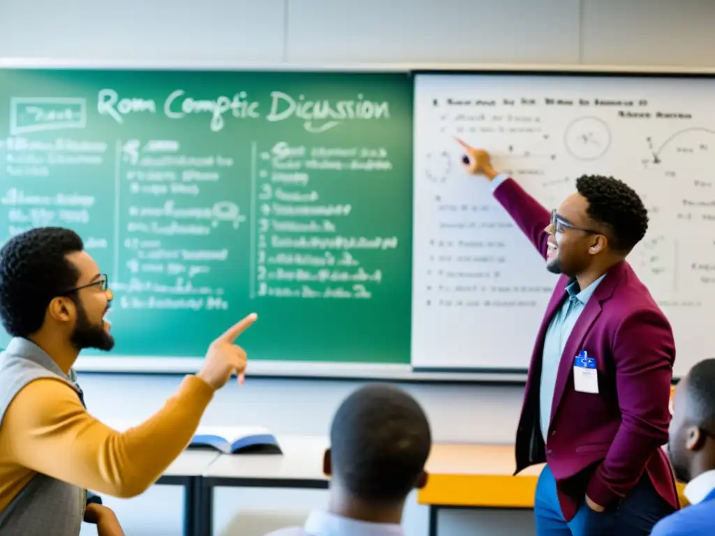 Un animado debate en un aula moderna, con estudiantes diversos y un instructor señalando diagramas científicos