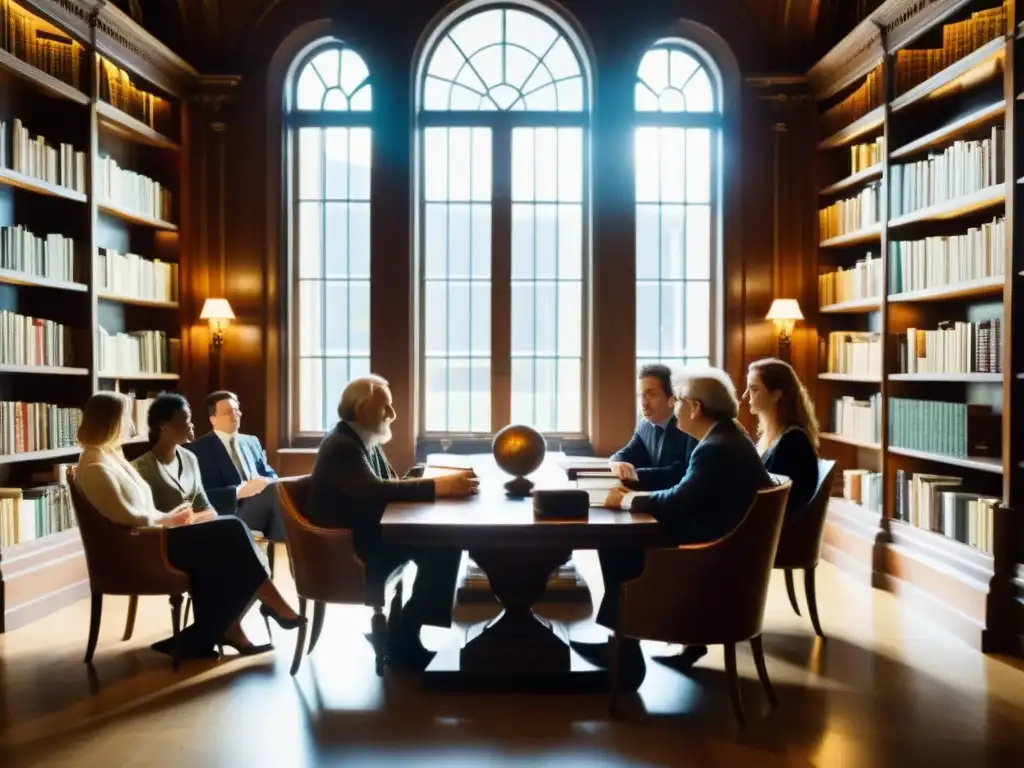 Un animado debate en una biblioteca con pensadores clásicos