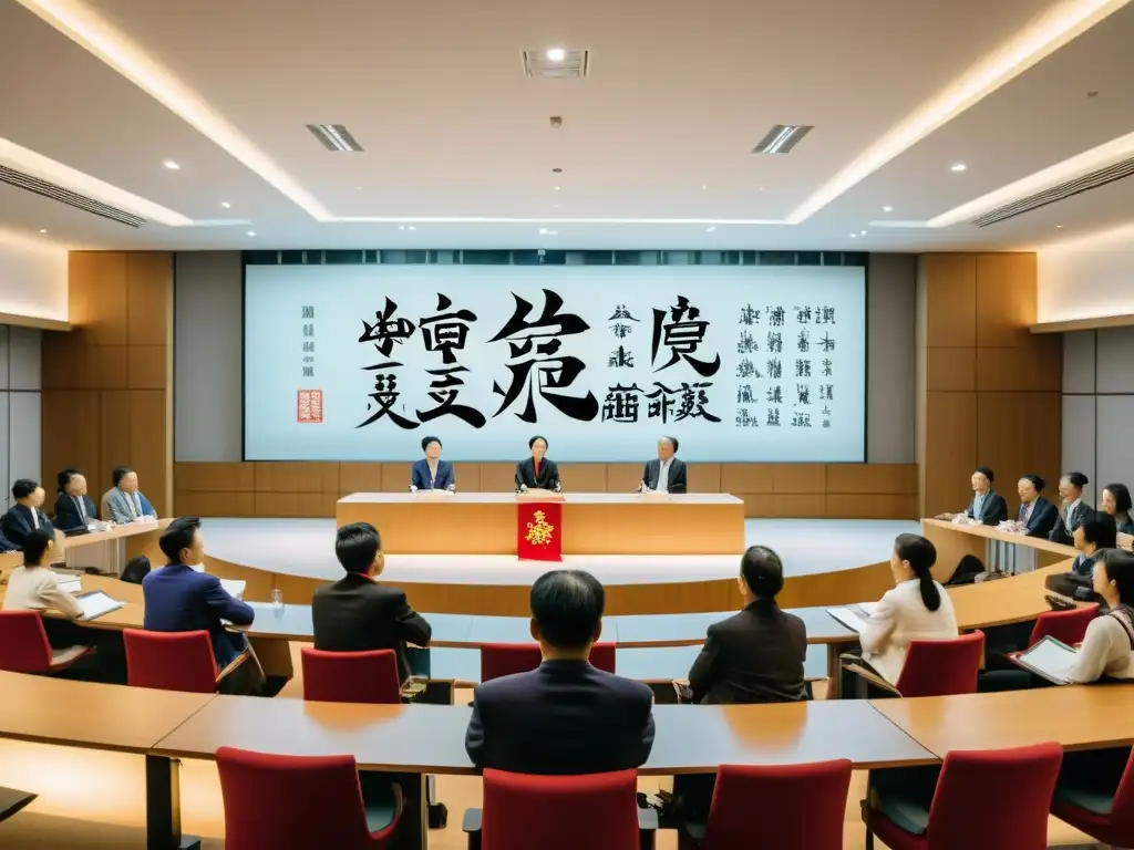 Un animado debate entre eruditos y filósofos sobre la interpretación contemporánea del Confucianismo en una moderna sala de conferencias universitaria, iluminada por la luz natural