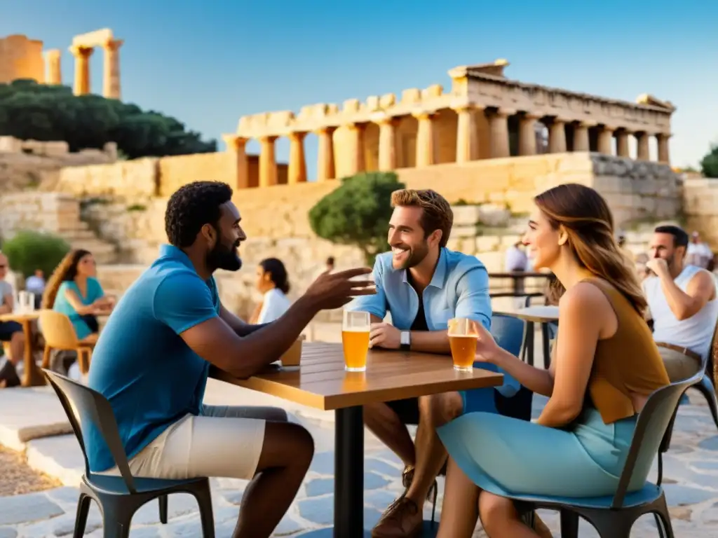 Un animado debate filosófico contemporáneo en un café al aire libre, con ruinas griegas y una ciudad de fondo