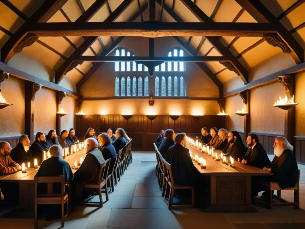 Un animado debate filosófico en un salón medieval iluminado por antorchas, donde eruditos discuten sobre realismo y nominalismo