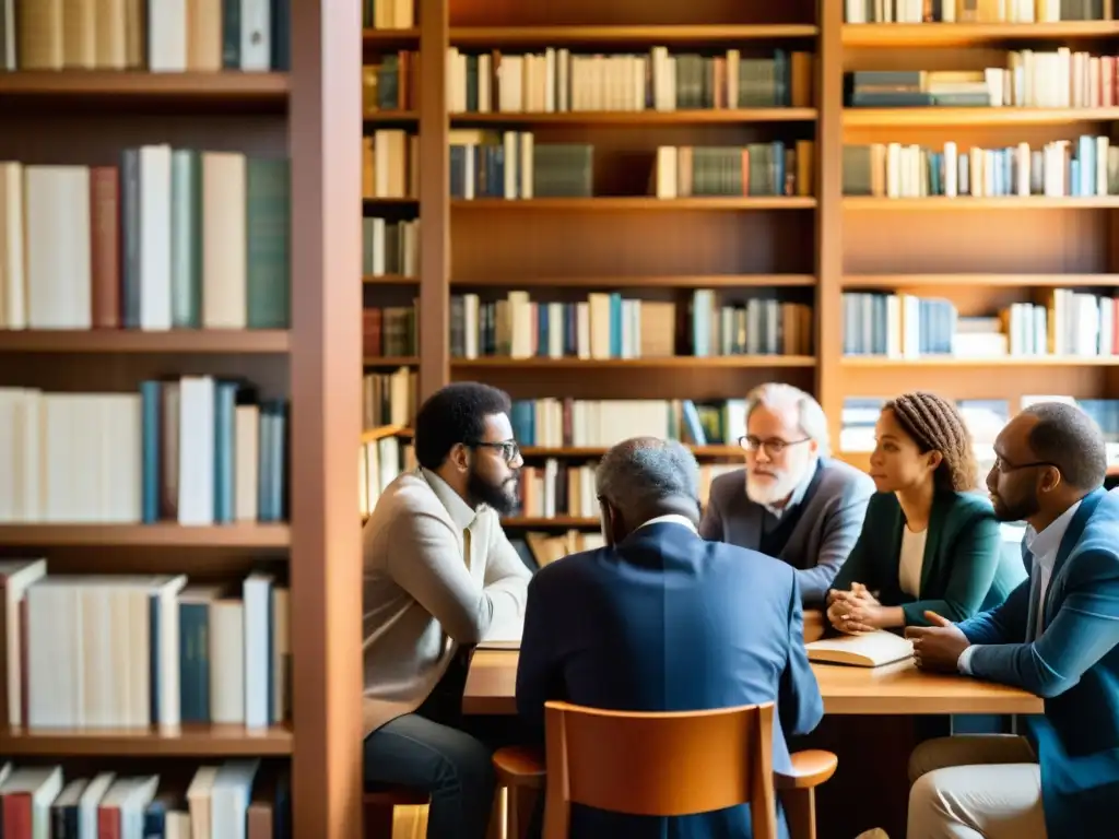 Un animado debate de filósofos contemporáneos en una biblioteca llena de libros