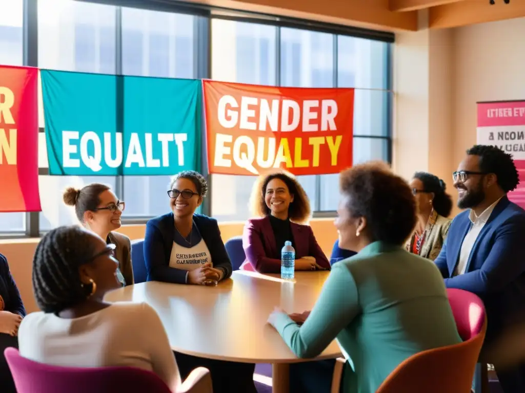 Conferencia feminista: debate y activismo Un animado encuentro entre Teoría Crítica y feminismo: activistas y académicos debaten bajo cálida luz solar, rodeados de pancartas coloridas