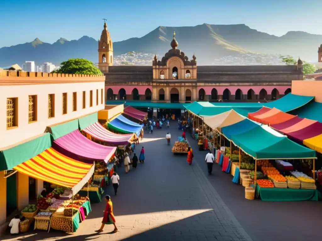 Animado mercado callejero postcolonial con coloridos puestos de artesanías, frutas exóticas y cultura
