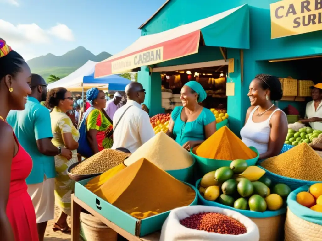 Animado mercado caribeño con influencia filosofía africana: gente diversa, textiles coloridos, frutas tropicales y especias, bajo cálido sol dorado