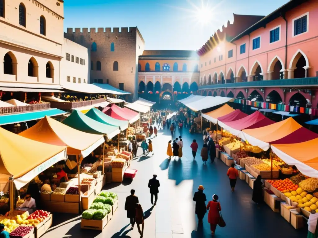 Animado mercado multicultural con gente de diversas etnias y productos coloridos, reflejando la convivencia en sociedades multiculturales