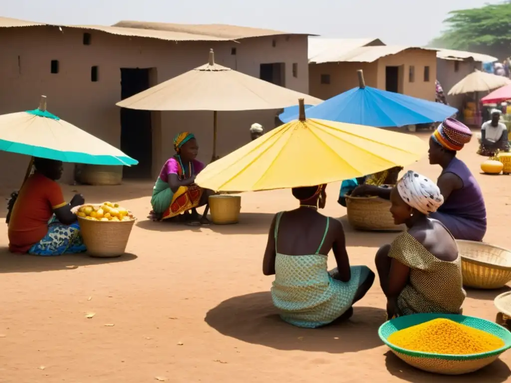 En un animado mercado rural africano, mujeres llevan cestas de productos en la cabeza, hombres negocian artesanías bajo coloridos paraguas