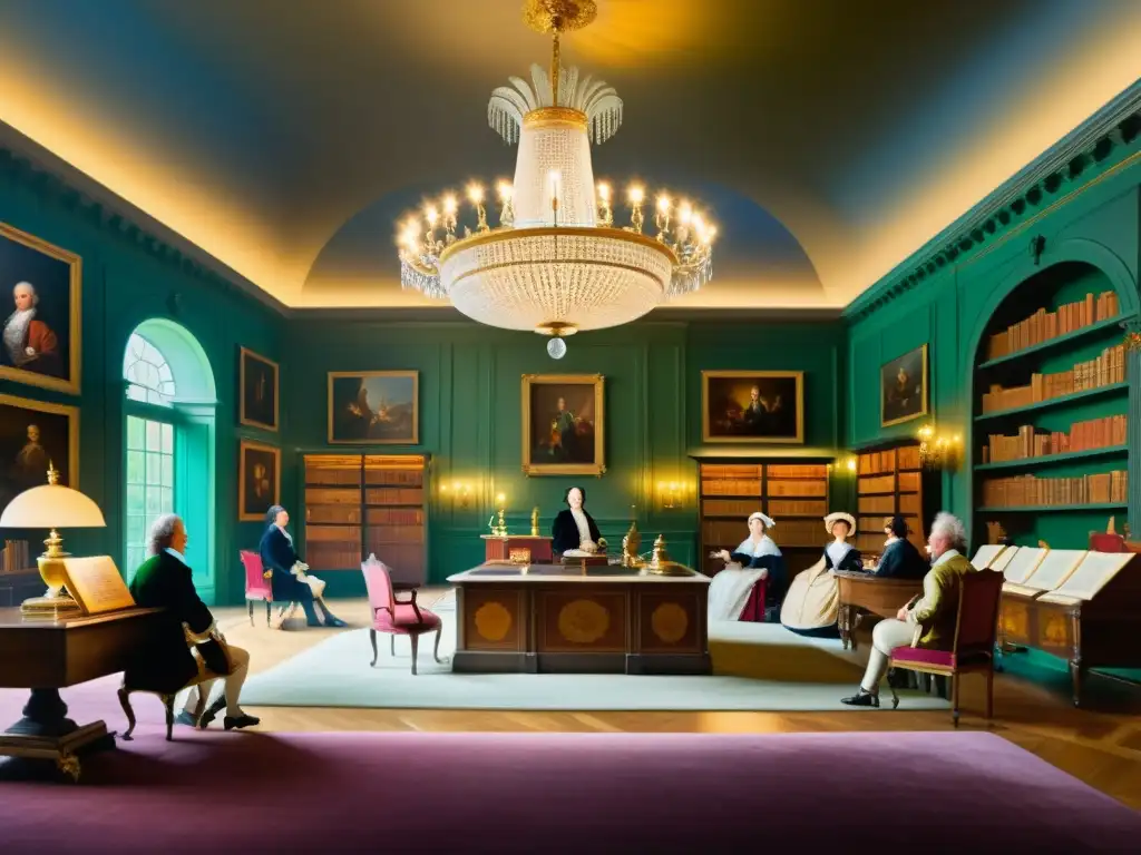 Un animado salón del siglo XVIII con filósofos debatiendo sobre democracia, derechos individuales y la monarquía en la era de la Ilustración, rodeados de libros, instrumentos científicos y arte clásico, iluminados por la cálida luz natural