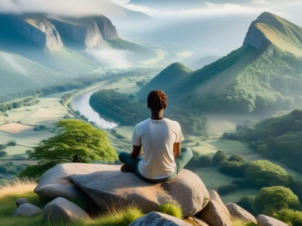 Práctica de mindfulness para ansiedad: estrategias efectivas con una persona meditando en un acantilado, rodeada de naturaleza tranquila y serena