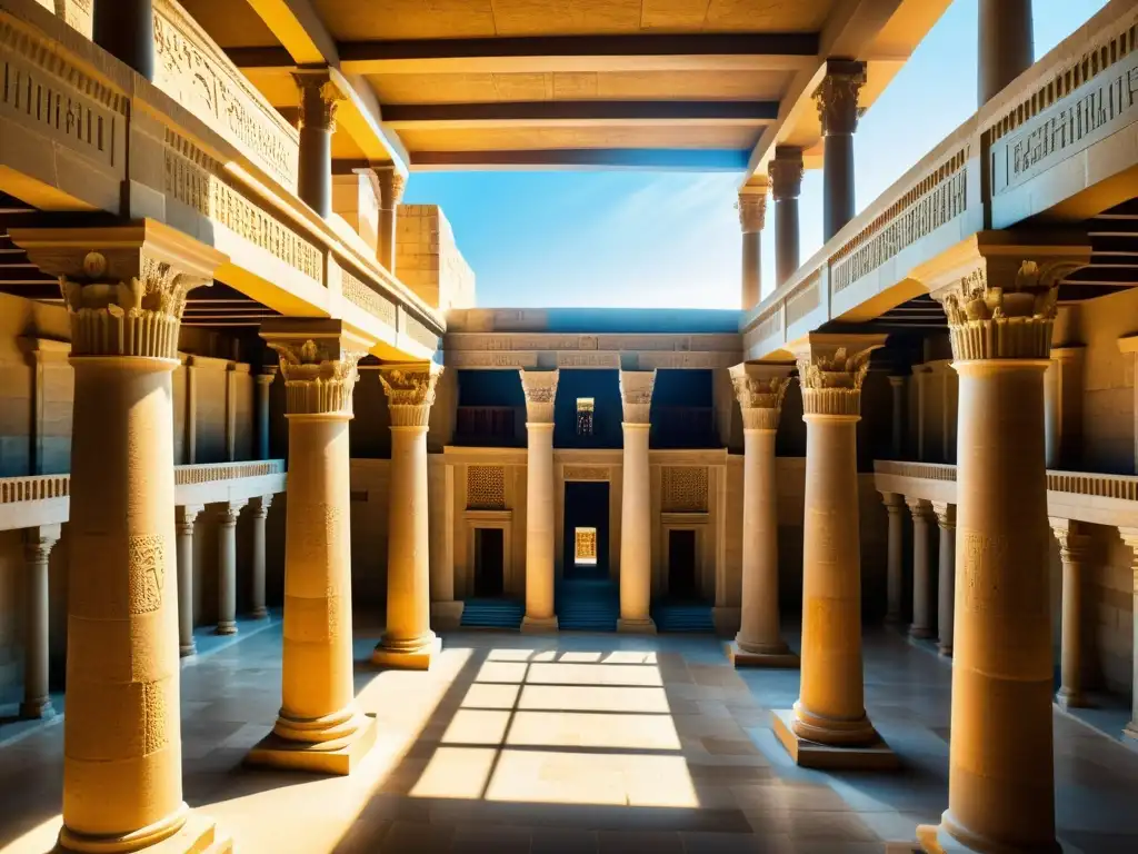 Antigua Biblioteca de Alejandría en Egipto con bulliciosas calles y discusiones filosóficas, mostrando la vida intelectual en África del Norte