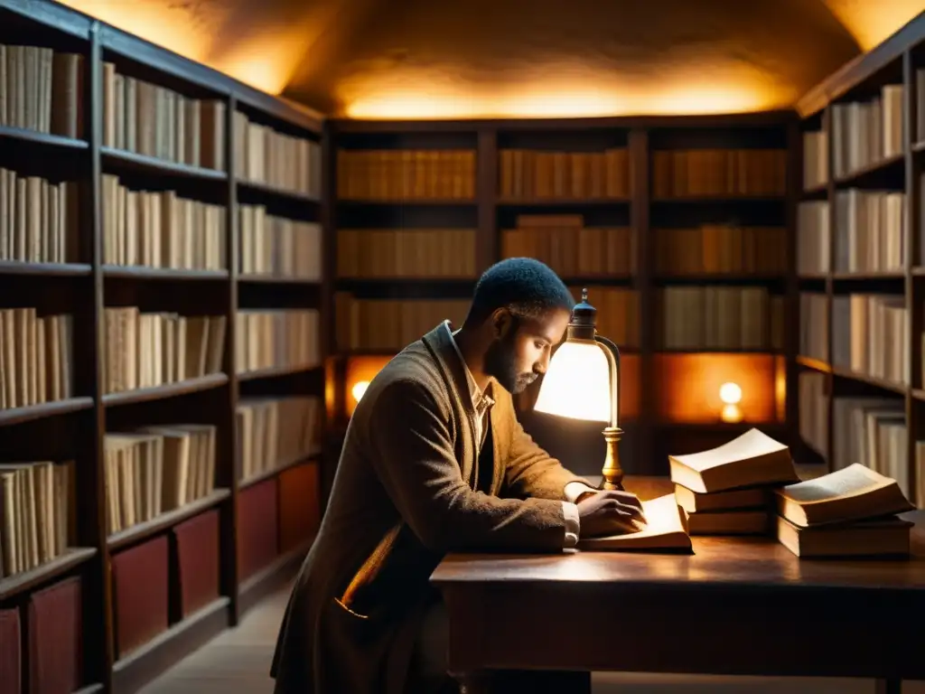 Antigua biblioteca iluminada con libros antiguos, sabiduría atemporal y una figura lectora, redefiniendo ética moderna libros