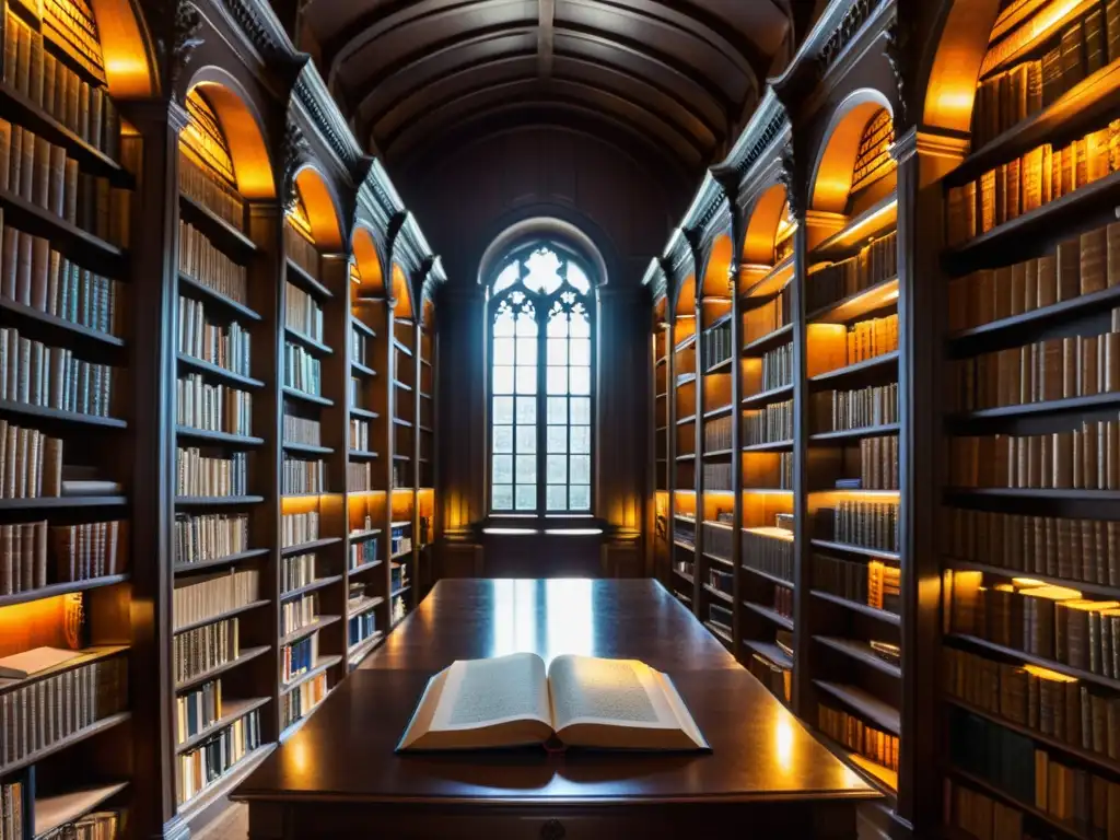 Antigua biblioteca iluminada por luz solar, con la Enciclopedia Diderot en el centro