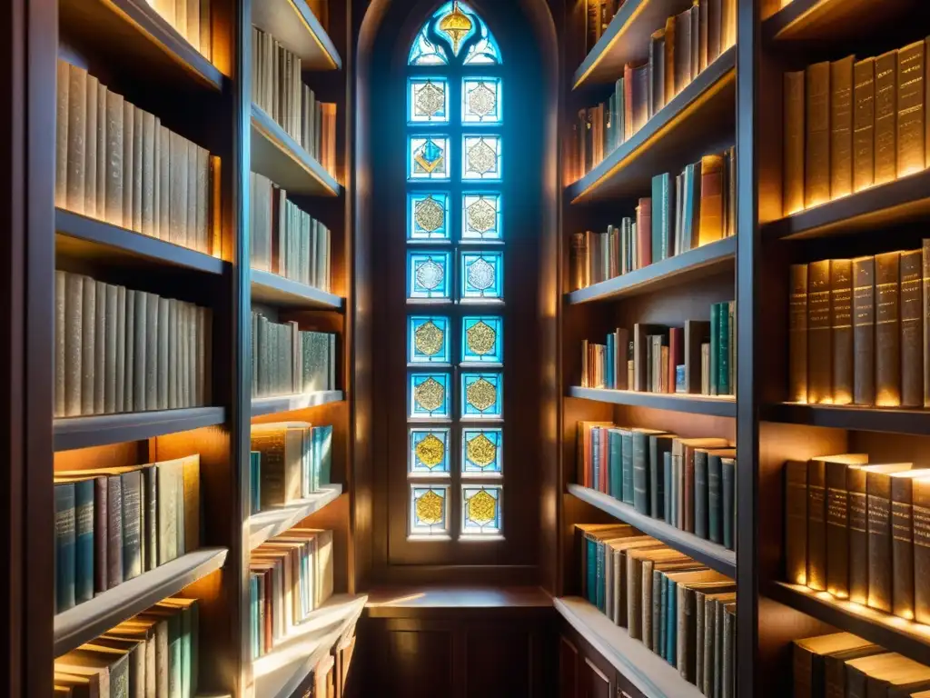 Antigua biblioteca iluminada por luz tenue, con libros religiosos y filosóficos