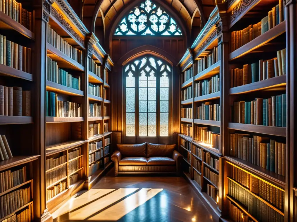Antigua biblioteca iluminada por el sol, revelando conocimiento ancestral